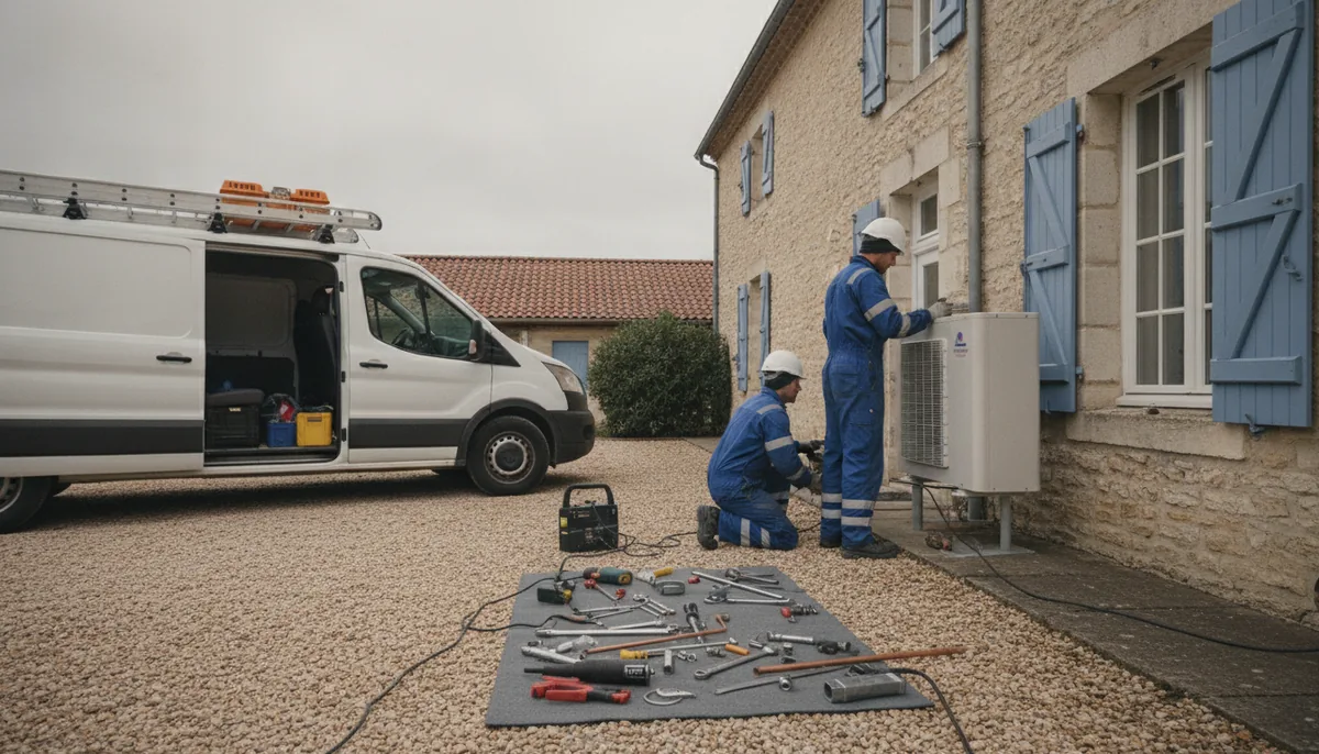Installateurs de pompe à chaleur au travail devant une maison nancéienne