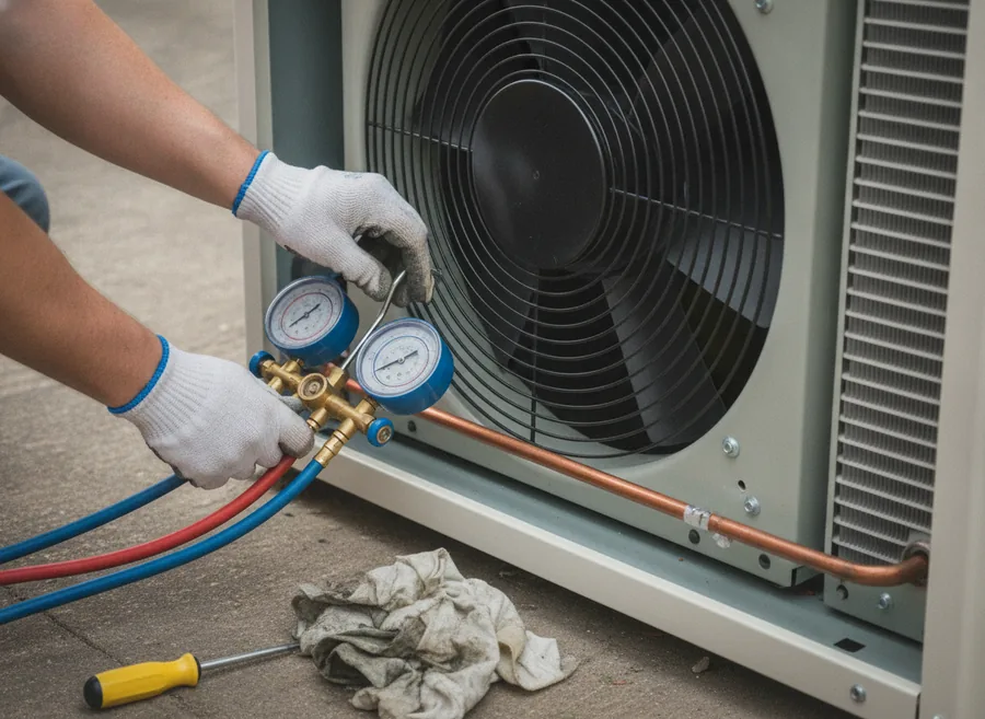 Technicien contrôlant la pression du circuit frigorifique d'une pompe à chaleur