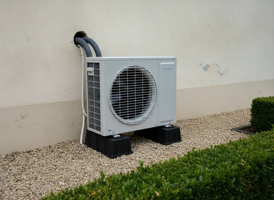Unité extérieure de pompe à chaleur air/eau installée contre une maison à Nancy