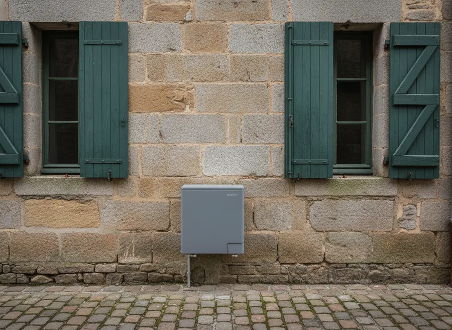 Pompe à chaleur installée contre une maison lorraine en pierre à Malzéville