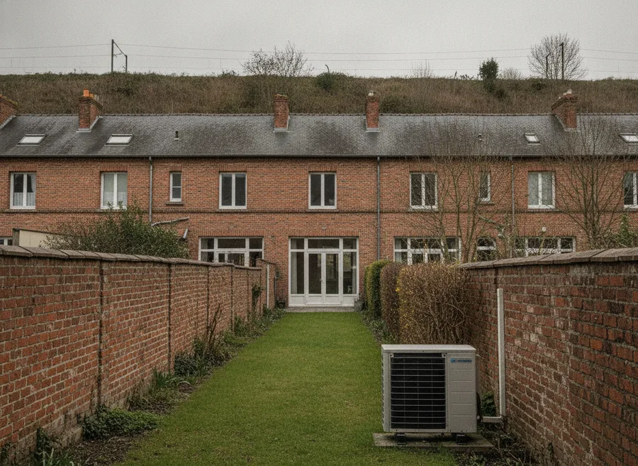 Pompe à chaleur posée en fond de jardin d'une maison de cité à Jarville-la-Malgrange