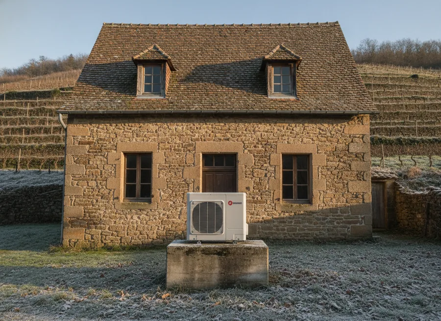 Pompe à chaleur installée devant une maison lorraine en pierre à Malzéville
